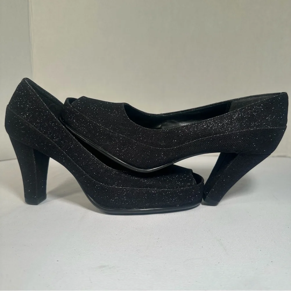 AA2 by Aerosoles Black Glitter Heels Sz 7.5 Womens Sparkle Dress Open Toe Slip-O - Picture 4 of 9